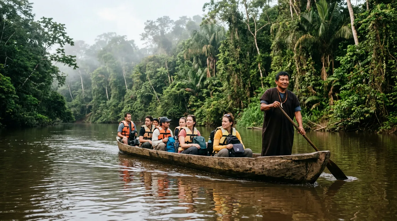 A dugout canoe on an Amazon river with a Kichwa guide