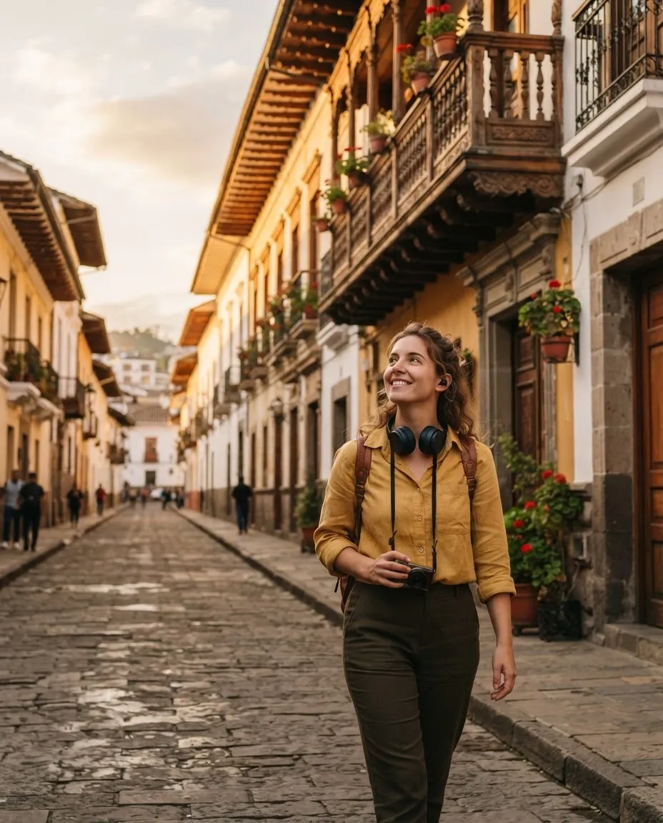 A woman travelling solo with headphones walks a colonial street in Quito at golden hour, looking up at the balconies