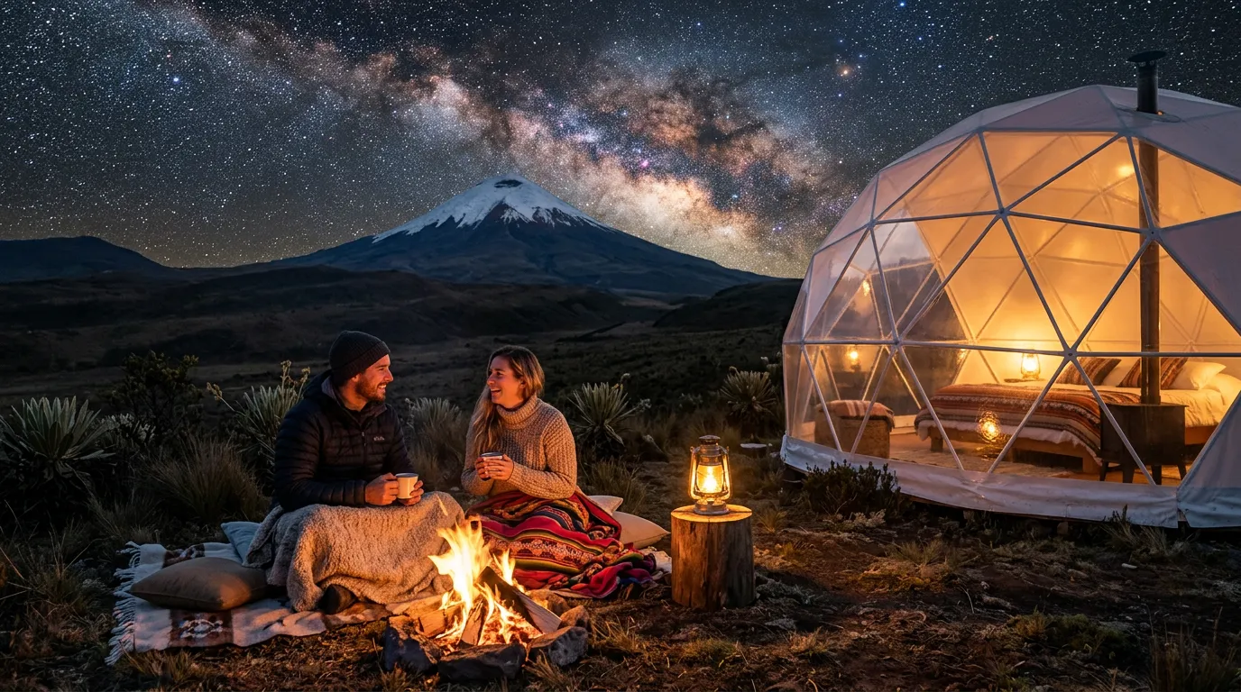 A couple by a campfire outside a glowing glamping dome on the páramo, the Milky Way and a snow-capped volcano behind