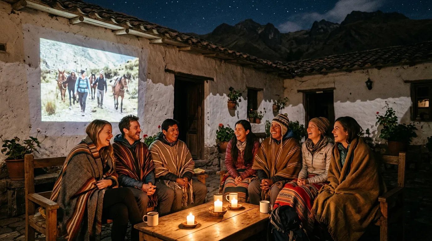 A group of friends and their guide wrapped in blankets, watching a film of their trip projected on a hacienda wall at night