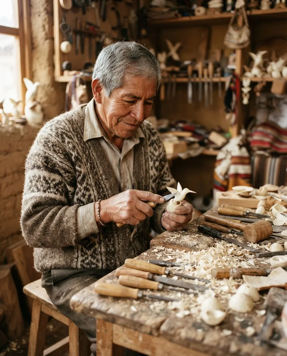 Illustrative photo: an older craftsman carving tagua nut at a workbench