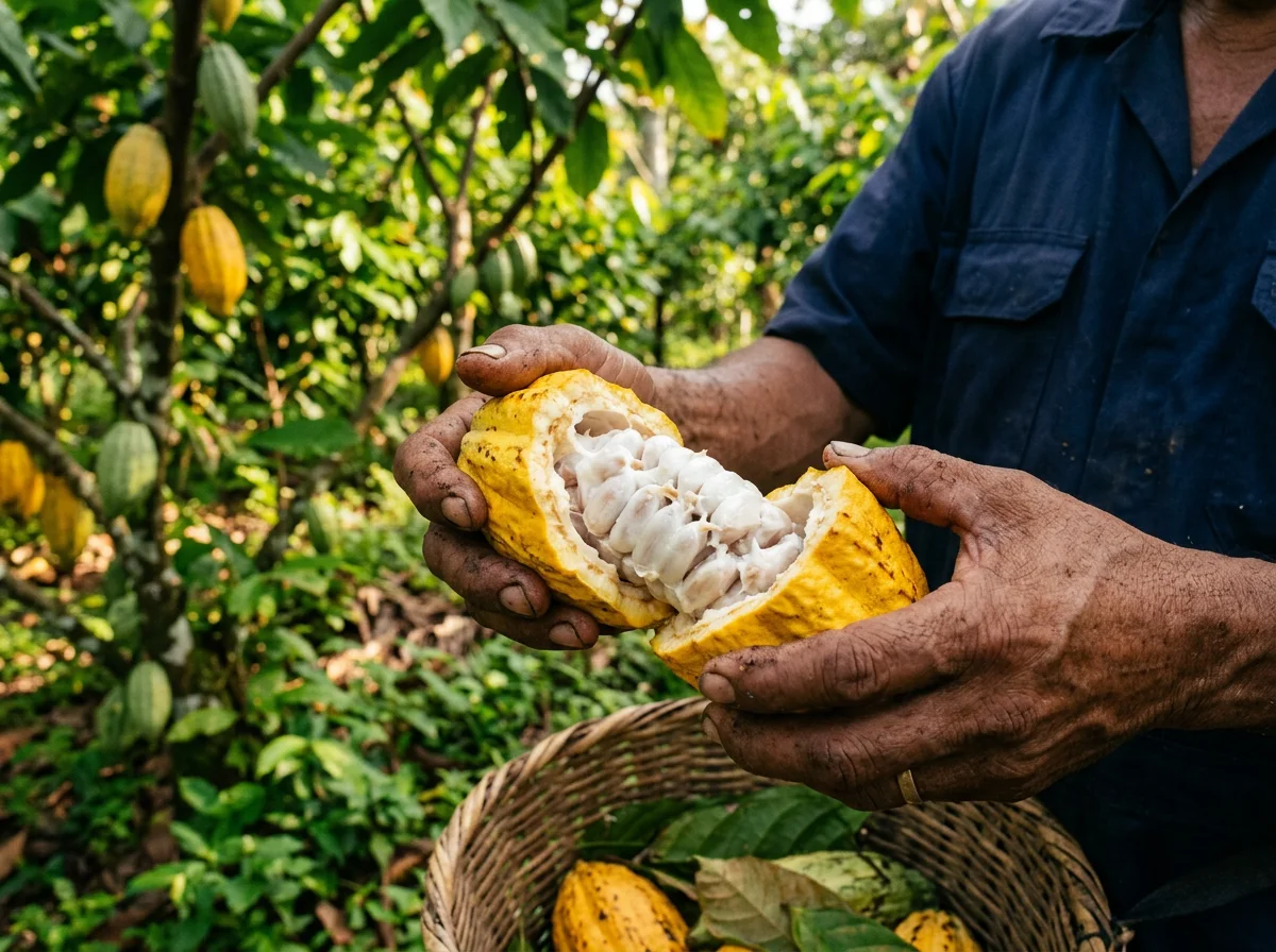 Hands opening a ripe cacao pod