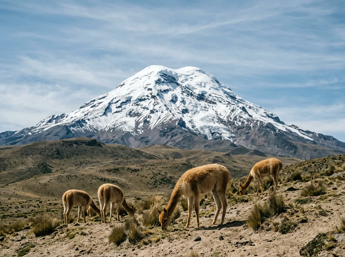 Vicuñas grazing below Chimborazo