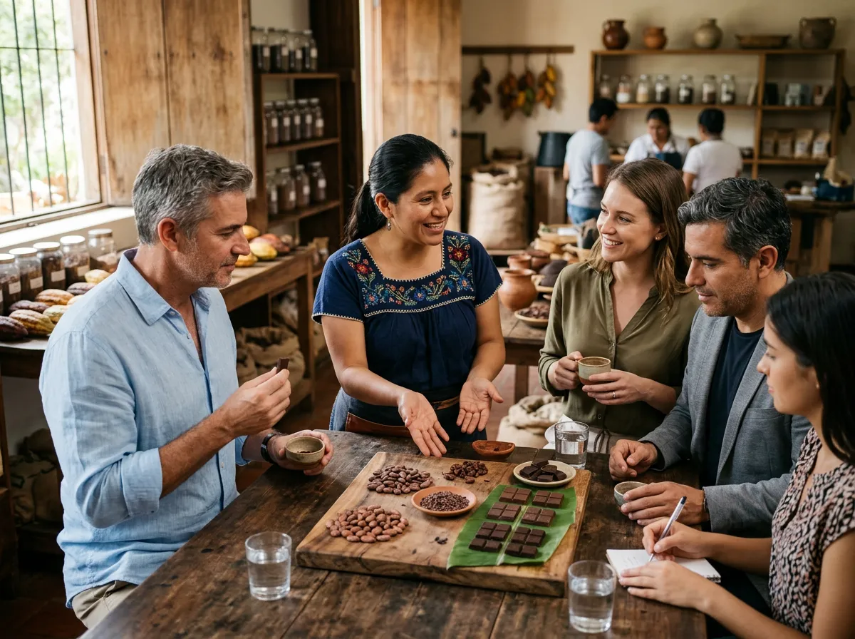 A business group at a cacao tasting with a chocolatier explaining the beans