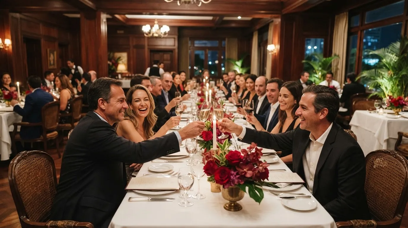 A delegation dinner at a long candlelit table in a private club