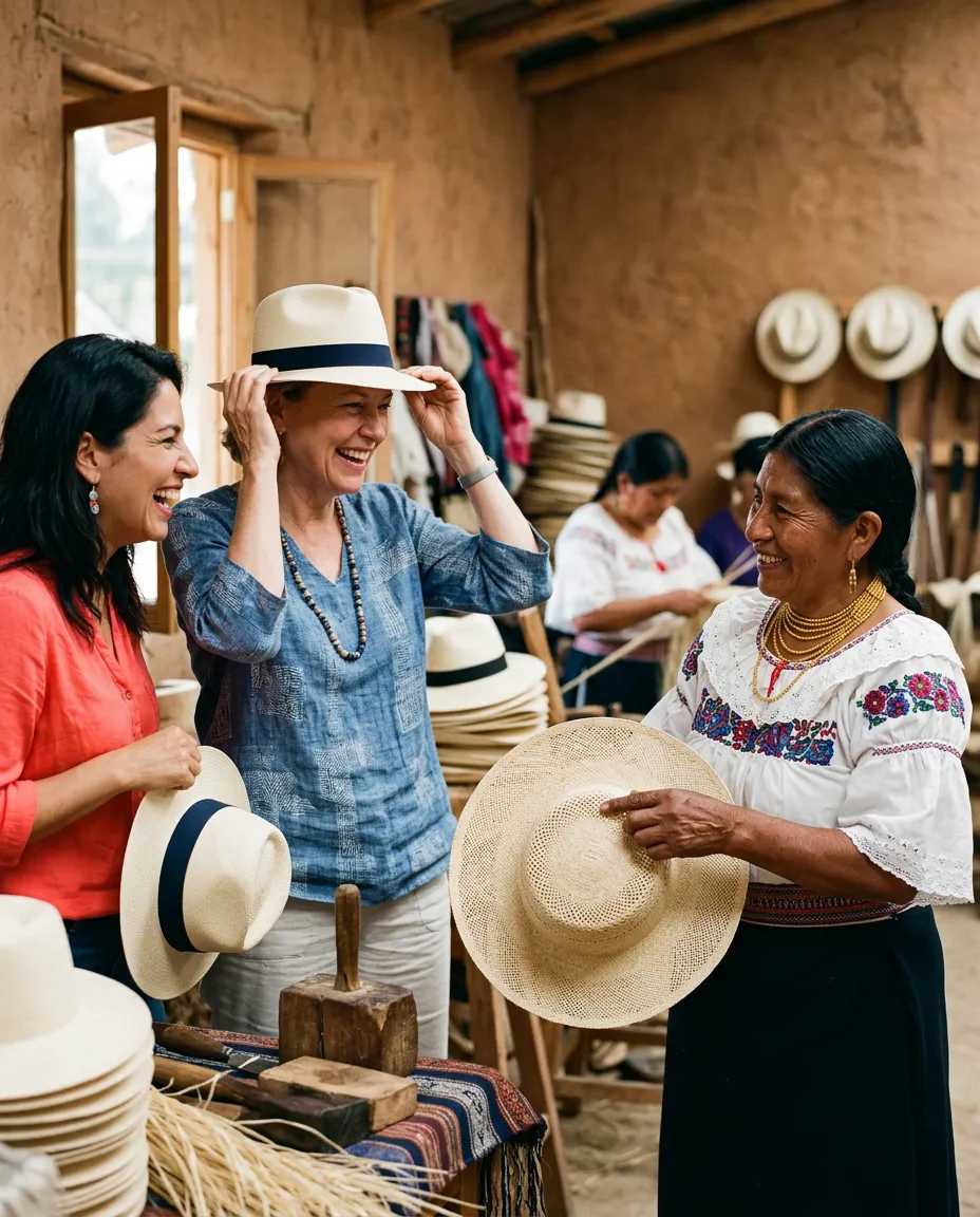 Delegates’ partners trying on fine toquilla straw hats at a weaving workshop