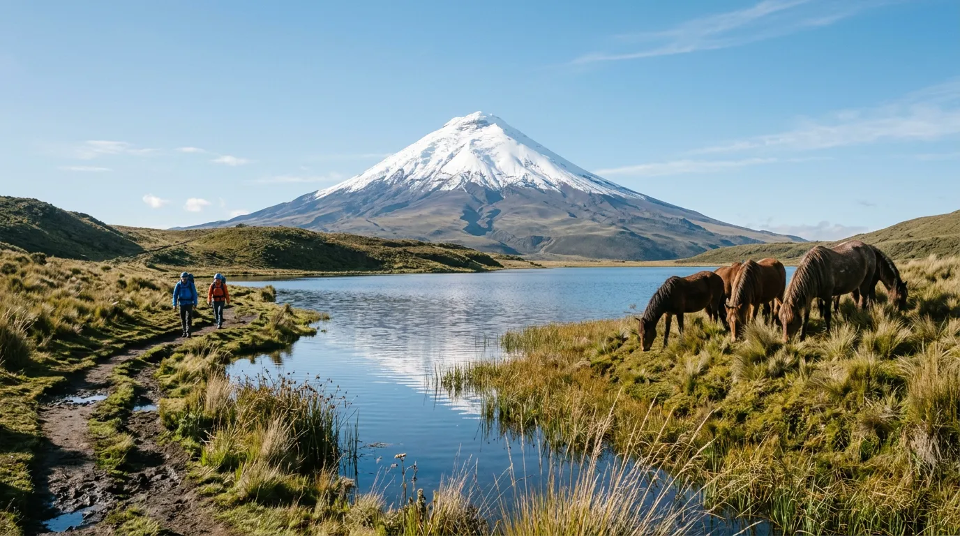 Cotopaxi above the Limpiopungo lagoon with wild horses