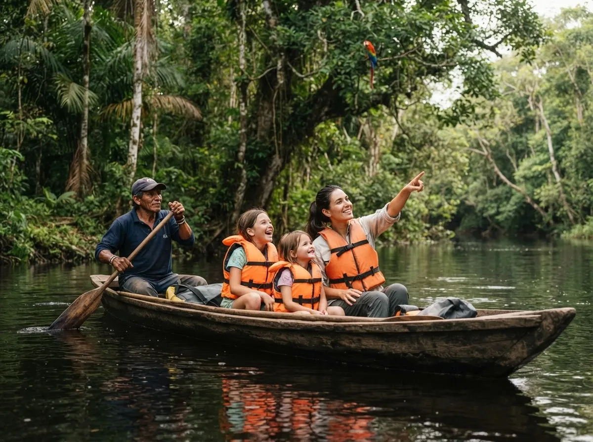 A mother and two girls in orange life jackets in a wooden canoe on a jungle river, the mother pointing up at the trees.