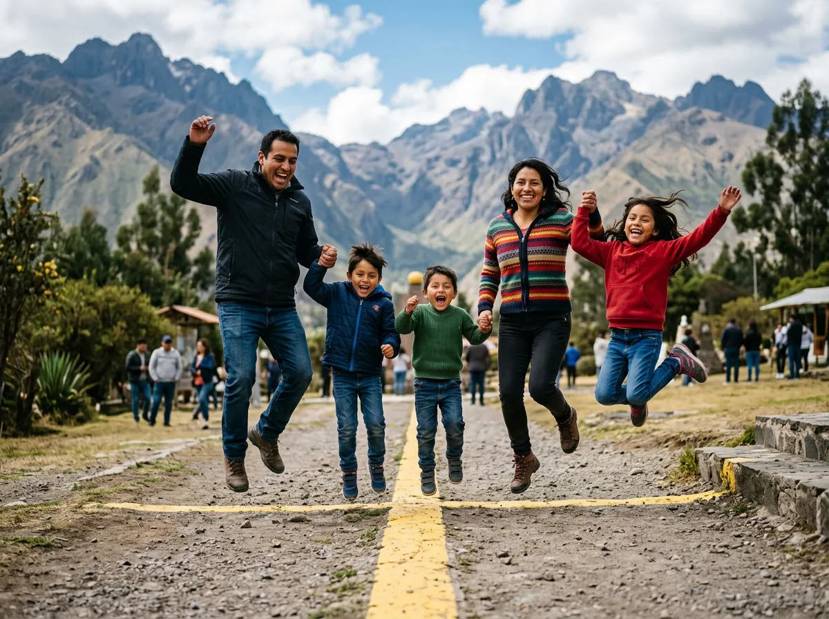 A family holding hands and jumping across a yellow line painted on the ground, with Andean peaks behind them.