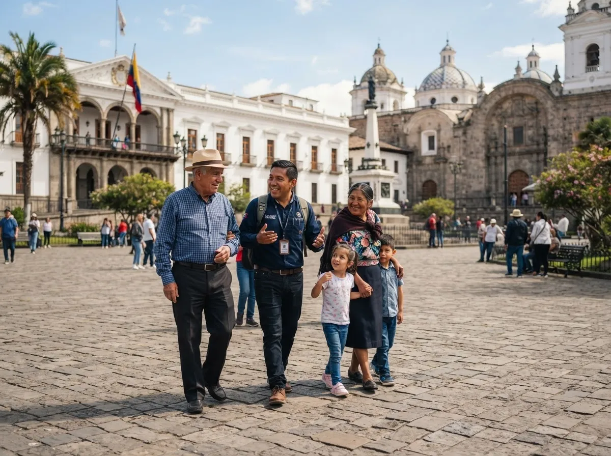 Grandparents, a guide and two small children walking together across a cobbled colonial plaza in Quito.
