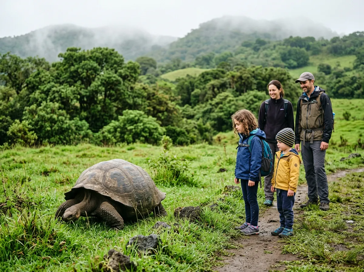 A family in rain jackets watching a giant tortoise graze in green highland grass, keeping their distance.
