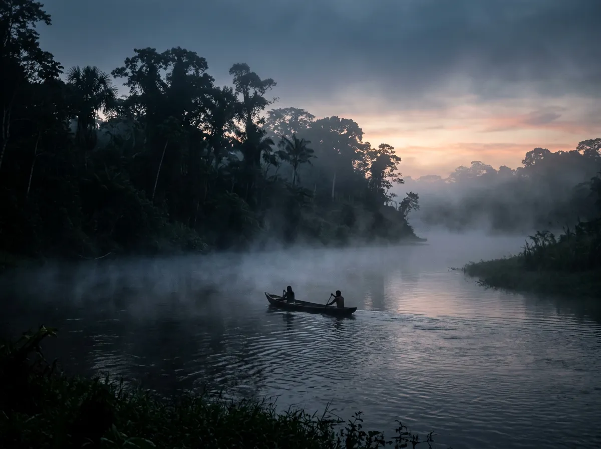 Mist over an Amazon river at dawn, a single canoe gliding past silhouetted rainforest