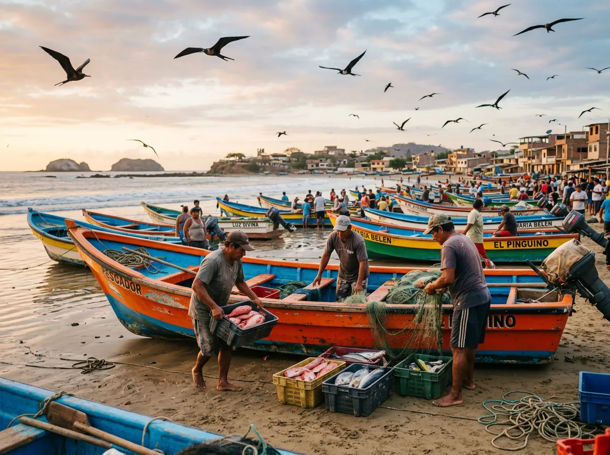Painted wooden fishing boats on the beach at Puerto López at sunrise, fishermen unloading the catch under frigate birds