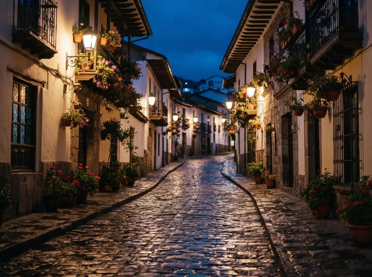 La Ronda street in Quito's old town at blue hour, wet cobblestones reflecting warm lamps under flowered balconies