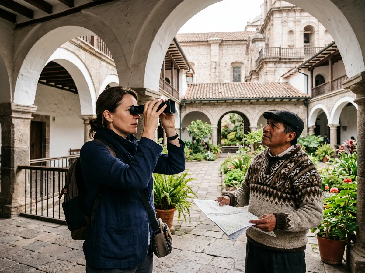 A location scout framing a shot with a director's viewfinder in the arched courtyard of a colonial monastery, a local guide beside her holding a map