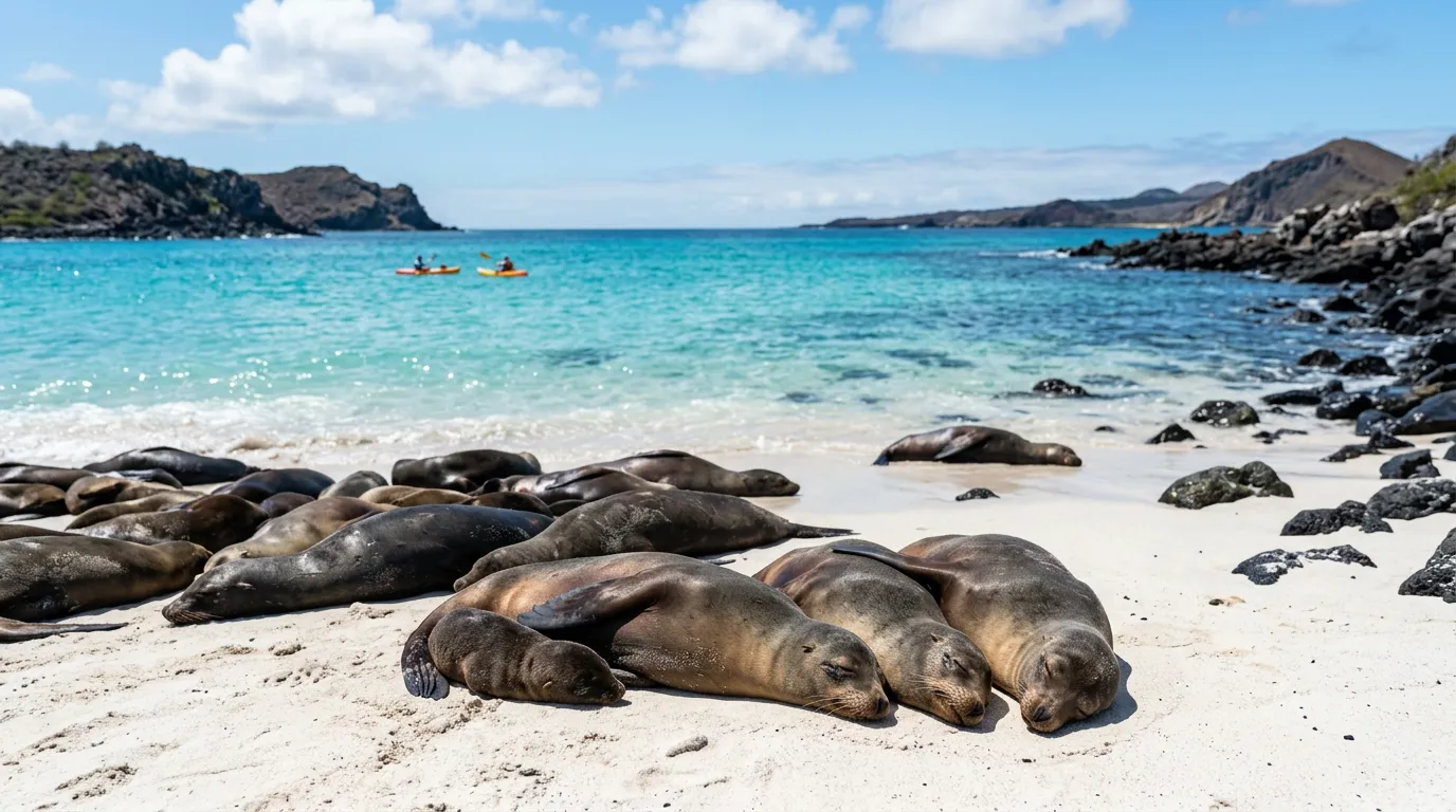Sea lions asleep on a white Galápagos beach