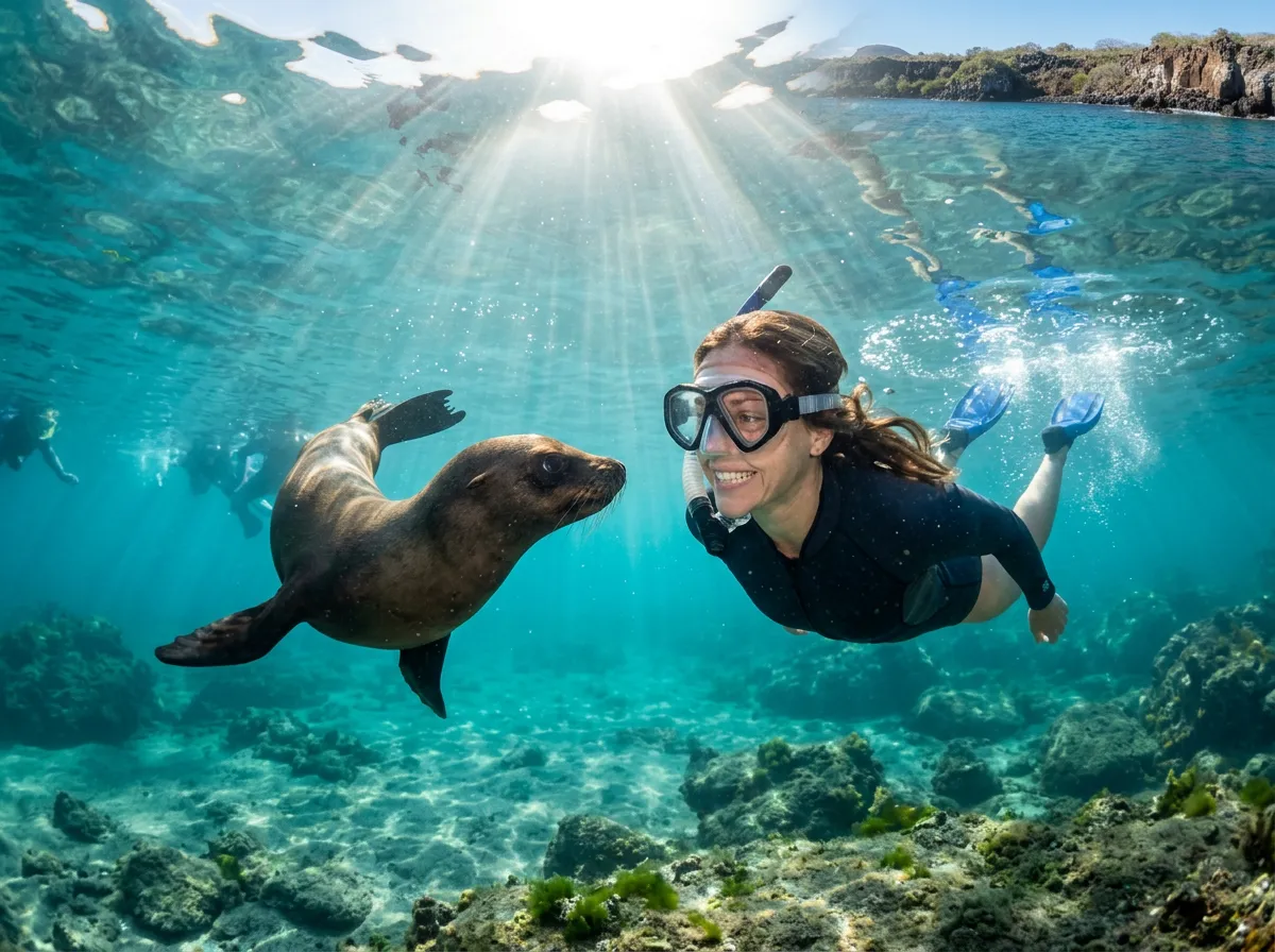 Snorkelling with a young sea lion in the Galápagos