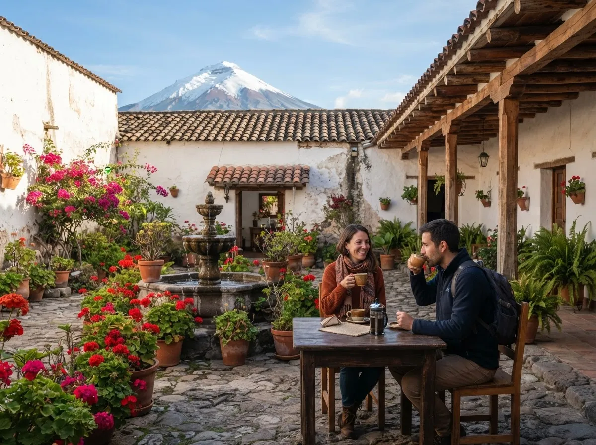 The courtyard of an Andean hacienda with Cotopaxi beyond