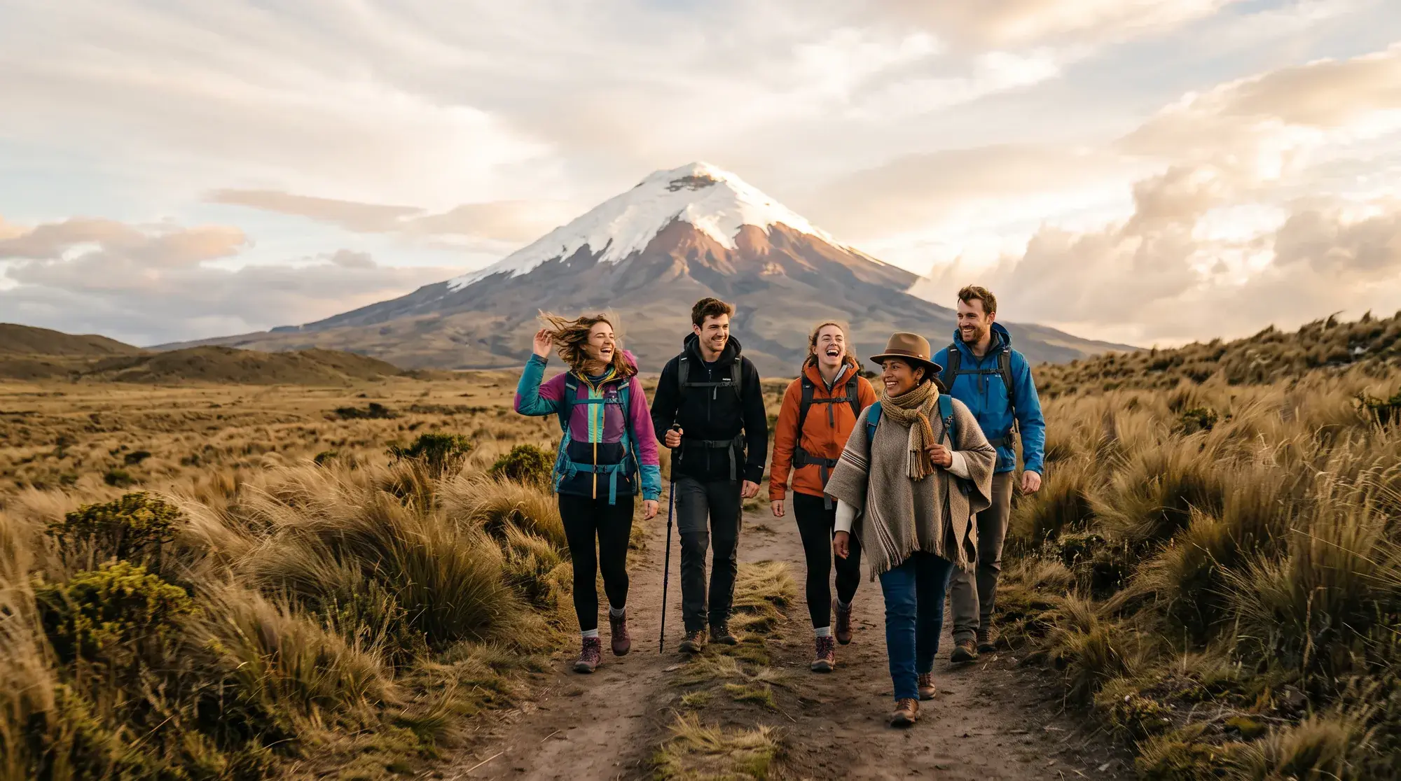 A small group laughs on a páramo trail with their local guide, below the snow cone of Cotopaxi