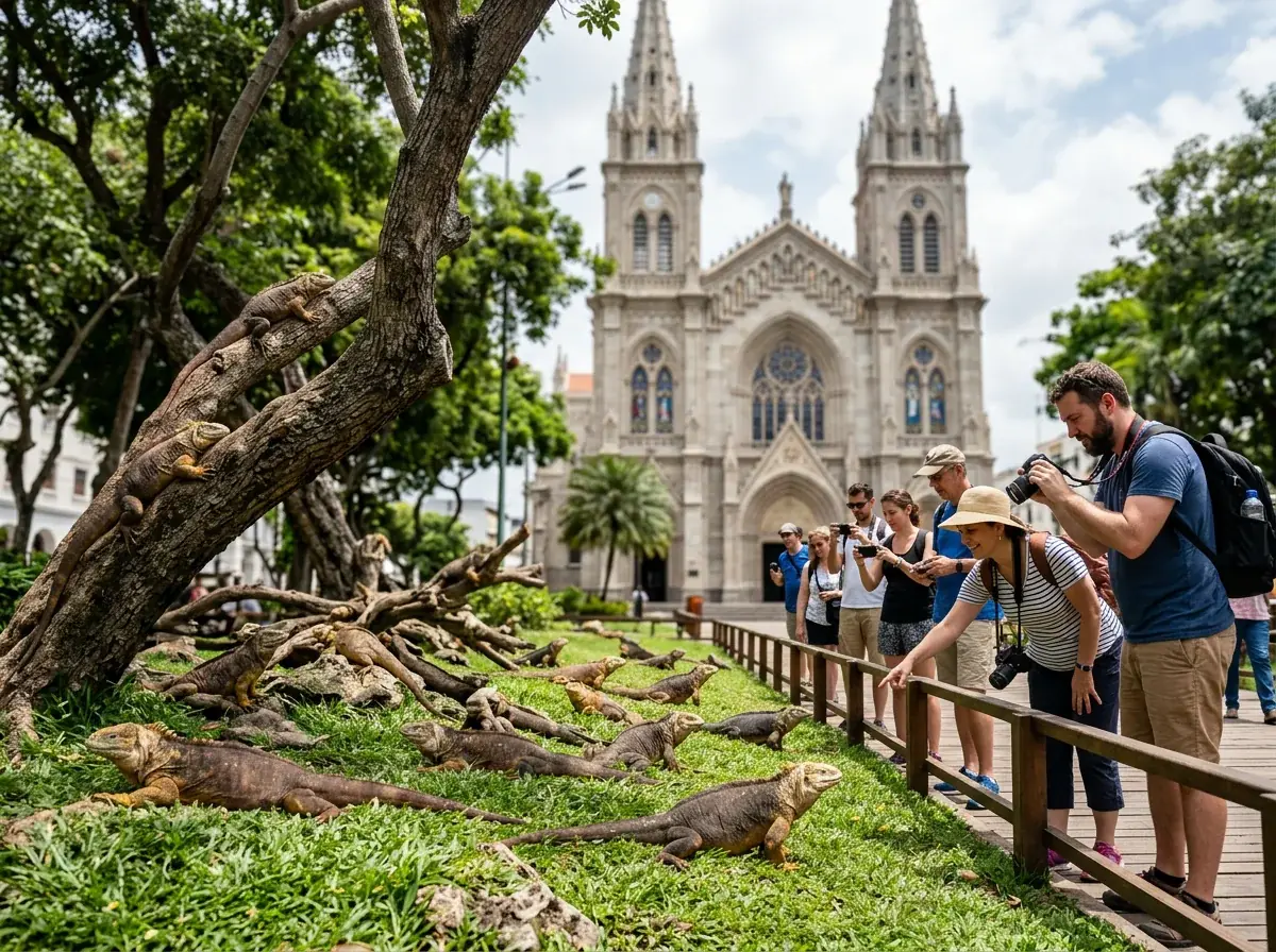 Land iguanas resting on the grass of Parque Seminario in front of Guayaquil’s cathedral.