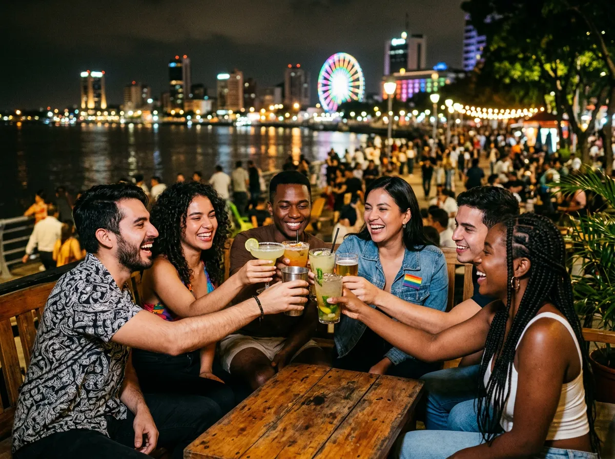 A group of friends toasting at a riverfront bar in Guayaquil at night, the city skyline and a lit Ferris wheel behind