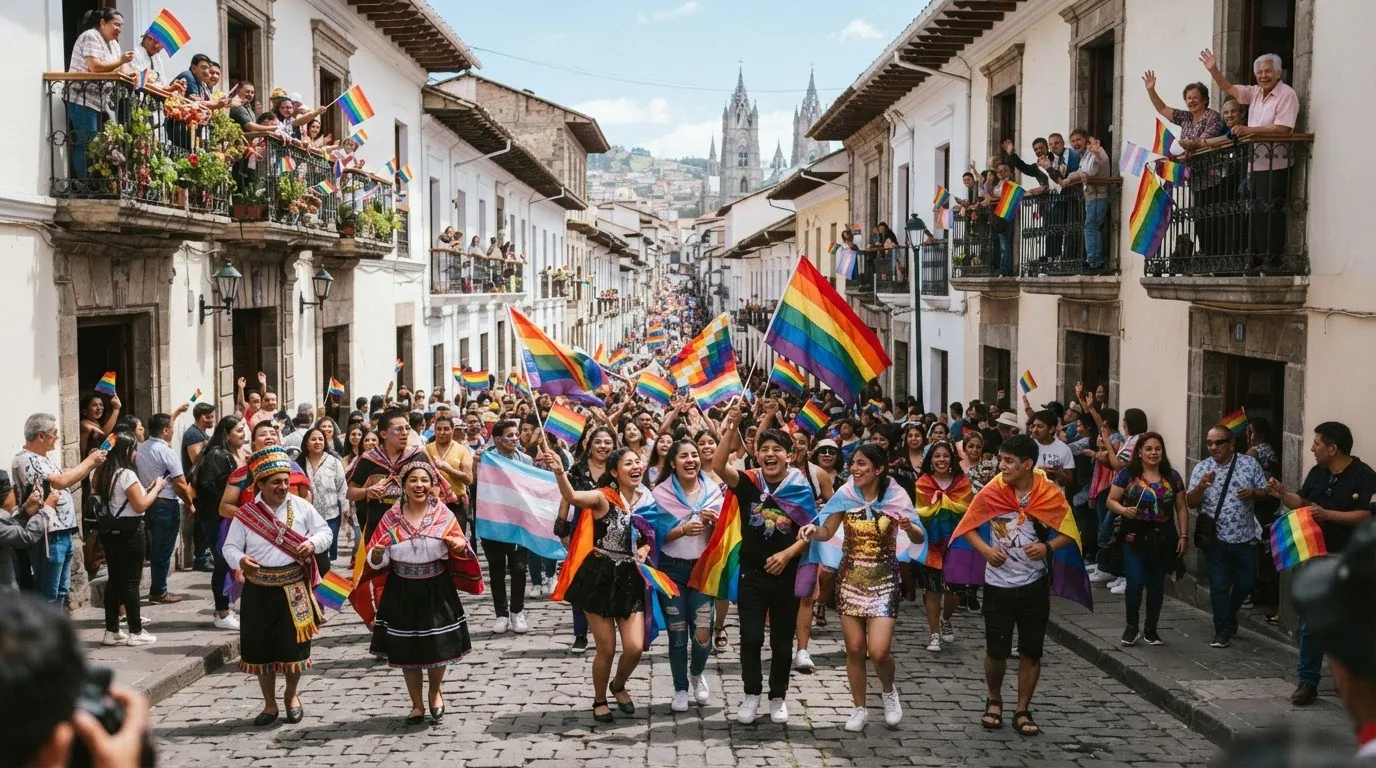 A Pride march filling a street of white colonial houses in Quito's old town, rainbow and trans flags held high, neighbours waving from balconies