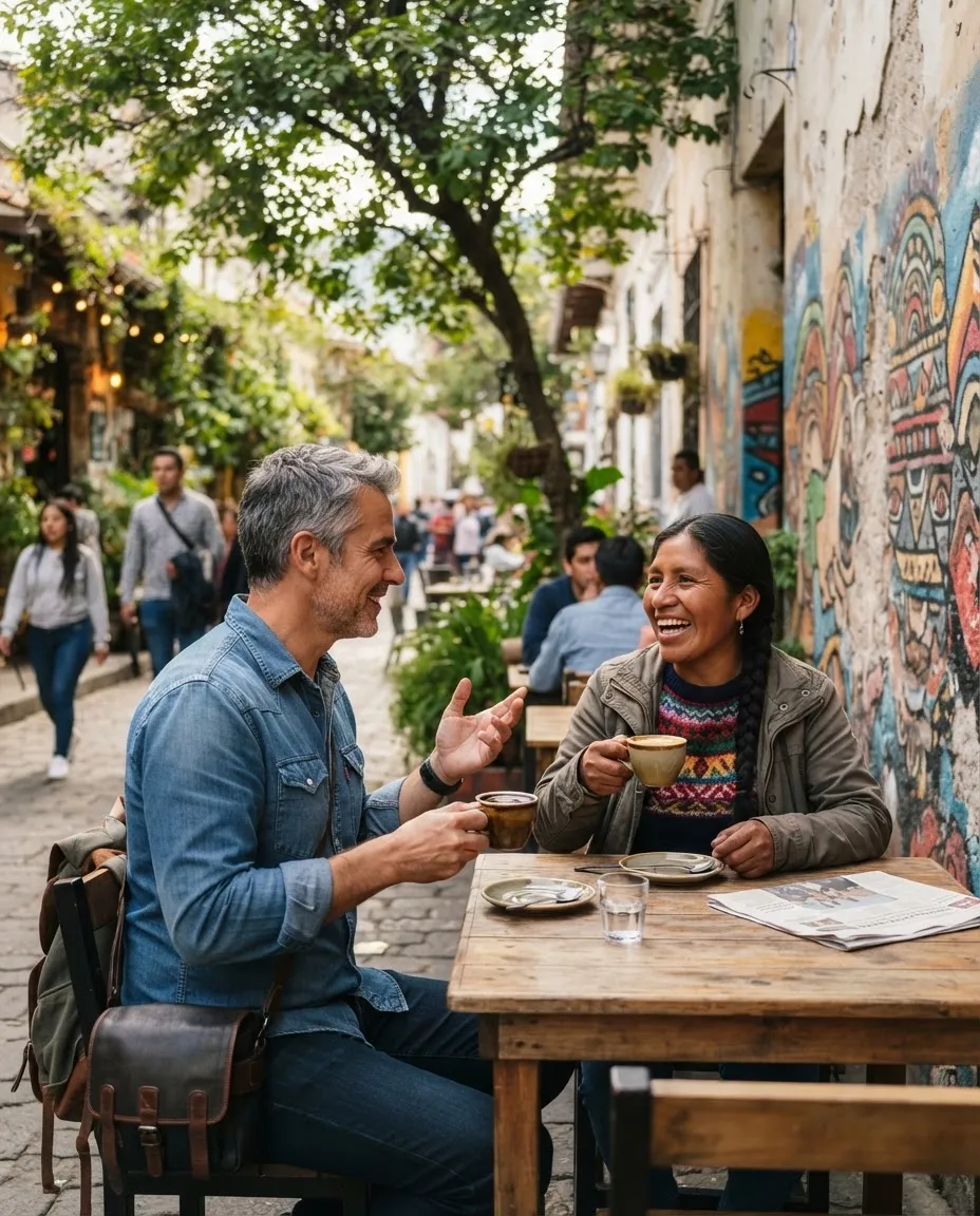 A grey-haired traveller laughing over coffee with a local woman at a café table on a cobbled street lined with murals