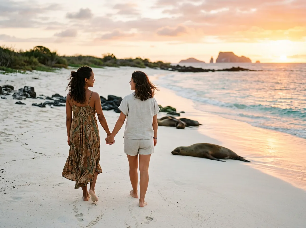 Two women walking hand in hand on a Galápagos beach at sunset, a sea lion resting on the sand nearby