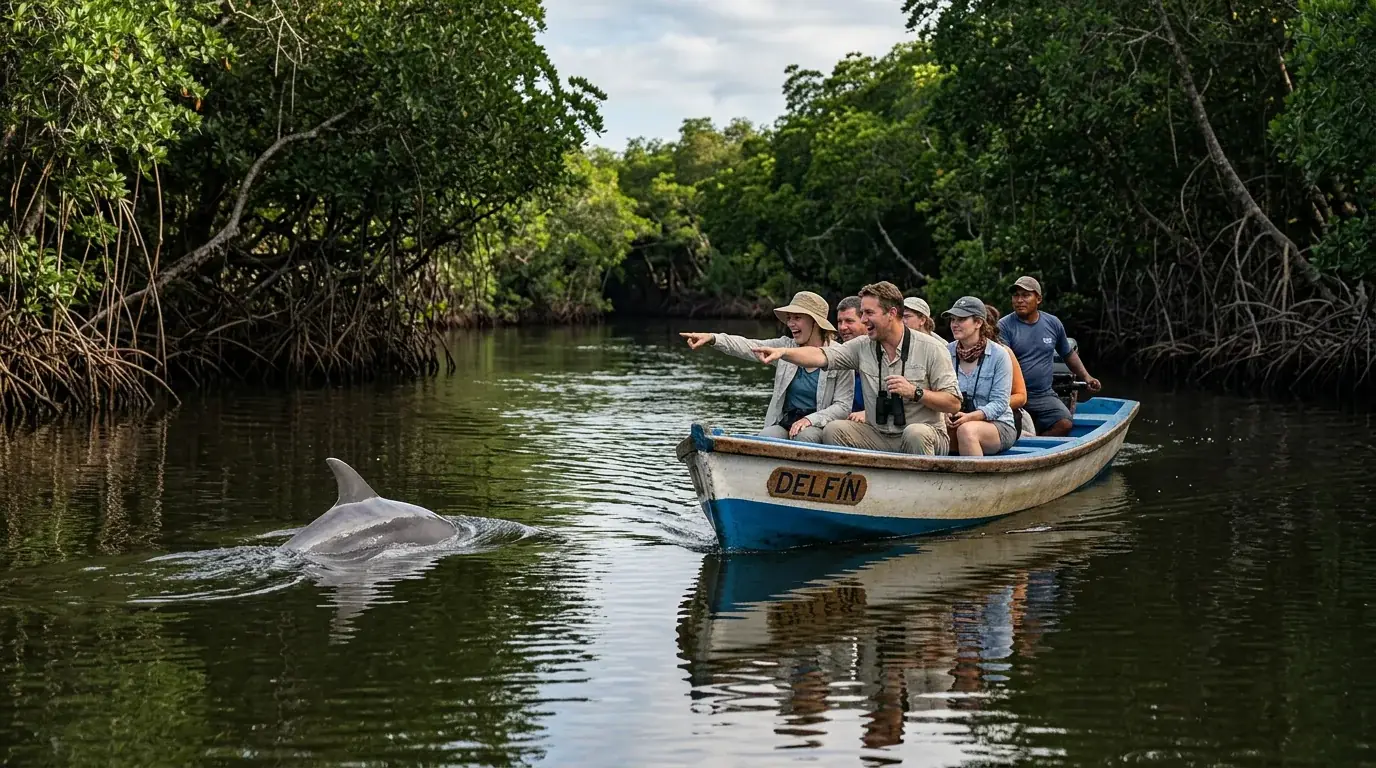 A boat in the mangroves near Puerto El Morro, a dolphin surfacing