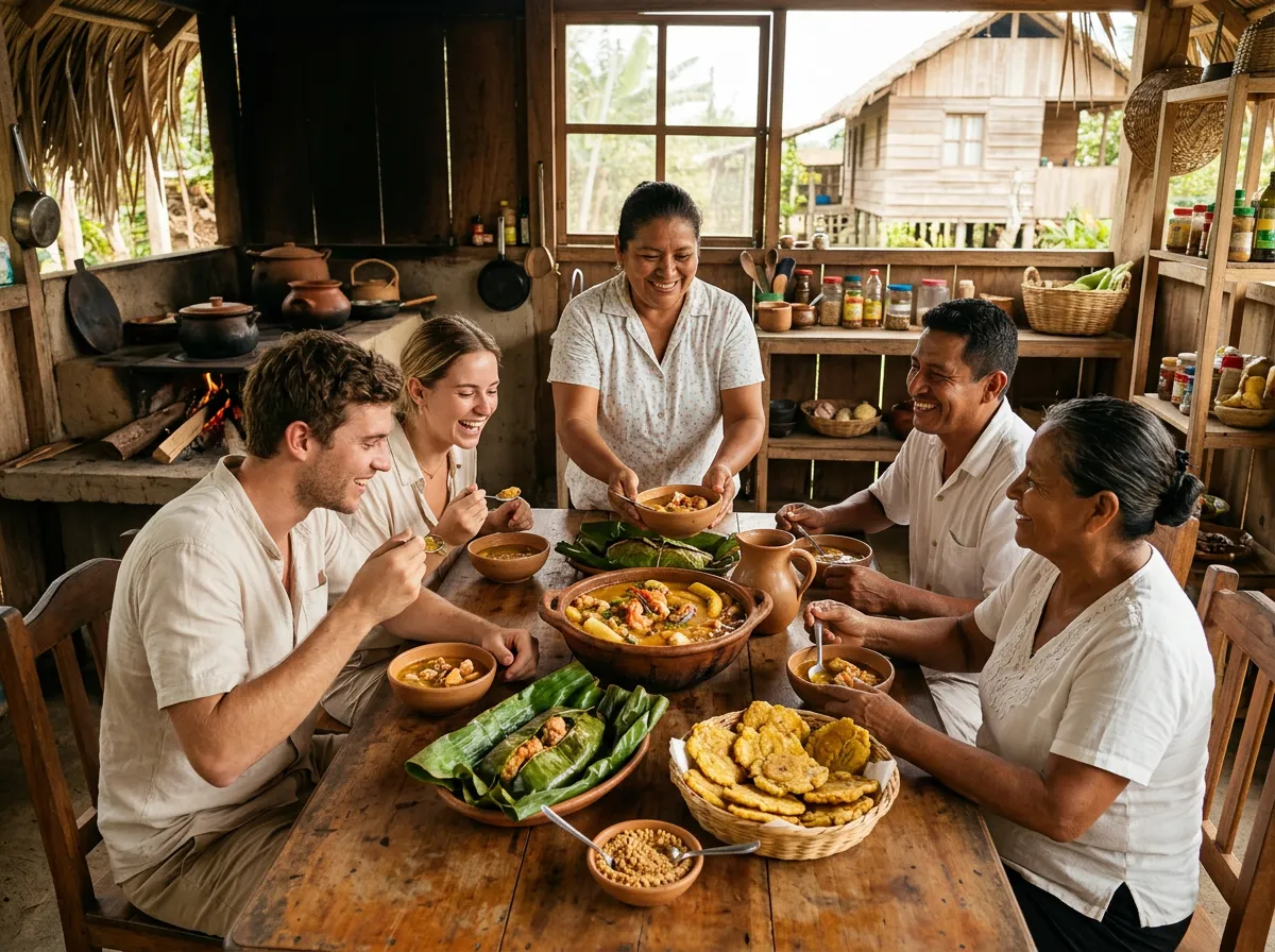 Illustrative photo: travellers sharing viche and tonga in a Manabí family kitchen