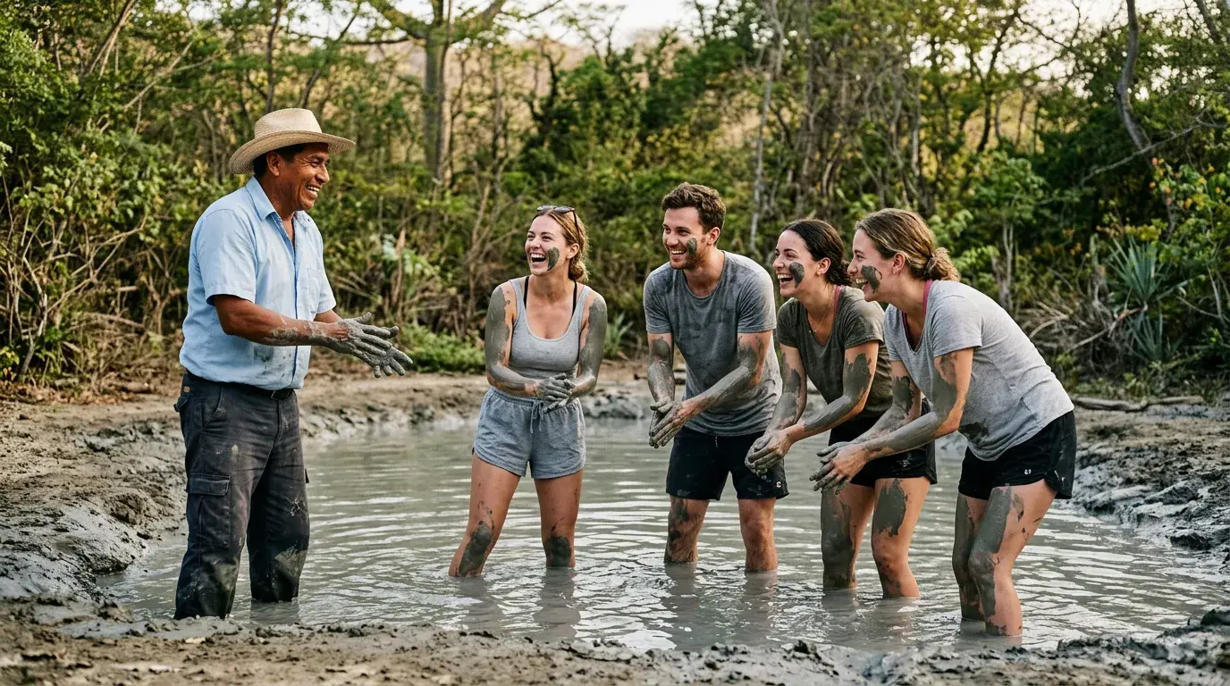 Illustrative photo: travellers in the sulphur-mud lagoon of the Agua Blanca community