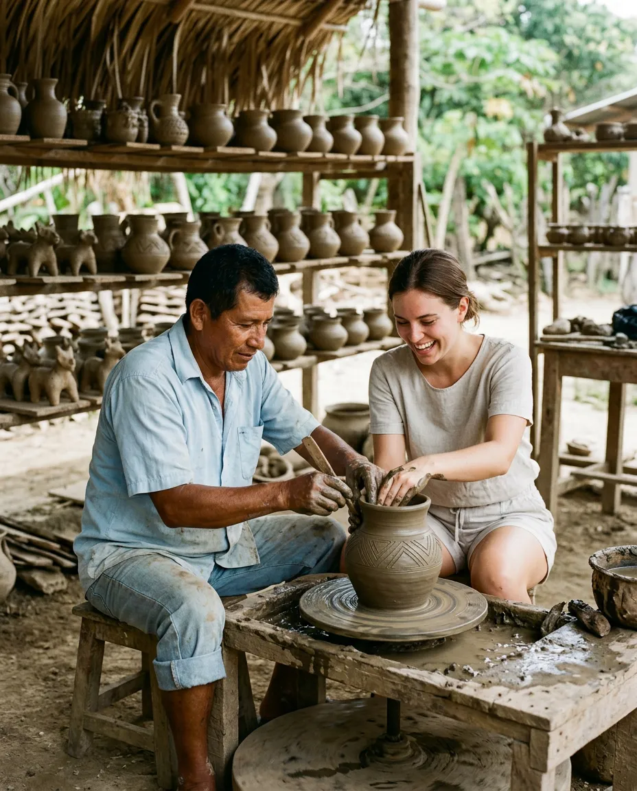 Illustrative photo: a potter in La Pila shaping a clay vessel with a traveller at the wheel