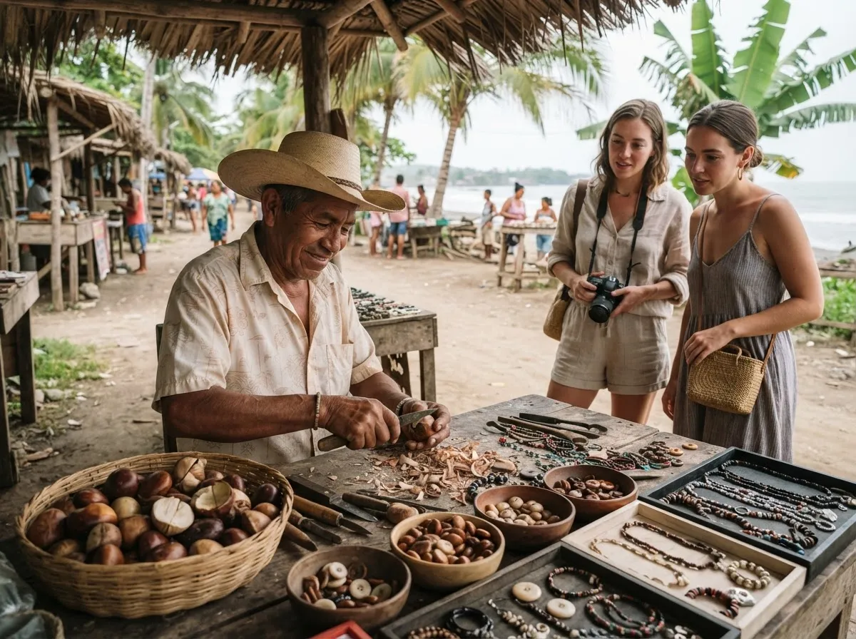 A coastal artisan carving tagua nuts into jewellery while visitors watch.