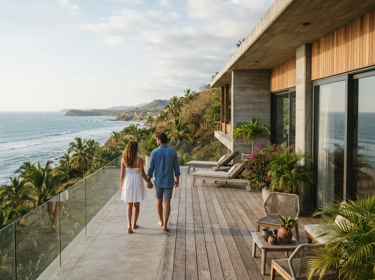 A couple walks hand in hand along the wooden terrace of a modern hillside house above the sea near Olón, palms and the coastline behind.