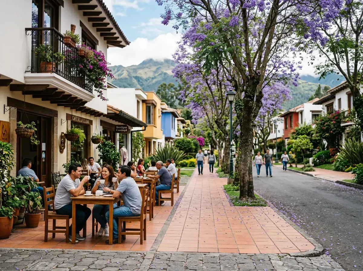 A café-lined street in Cumbayá under a flowering purple jacaranda, people at outdoor tables and green hills behind.
