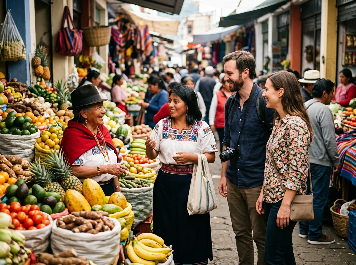 At a Cuenca market, a couple talks with a vendor in an embroidered blouse beside stalls piled with bananas, papayas and pineapples.