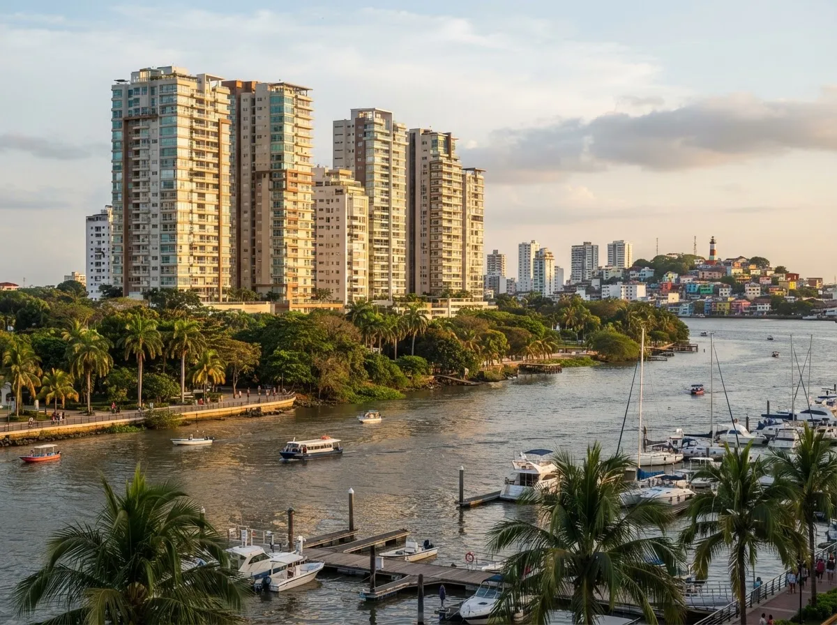 Residential towers and green riverbanks in Samborondón at golden hour, boats moored at a riverside marina and Guayaquil’s hills in the distance.