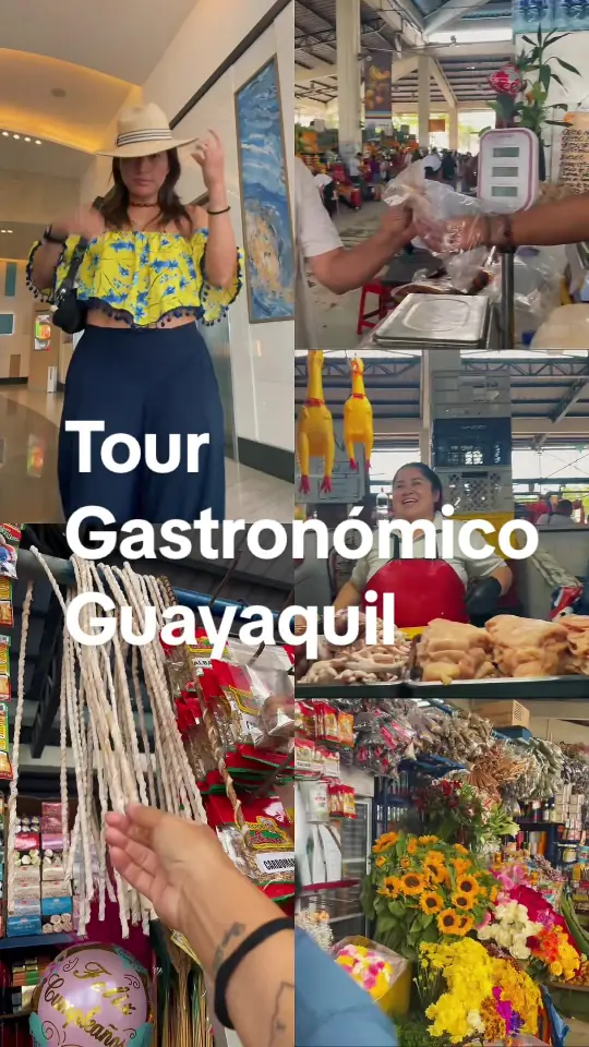 Video cover: a market stall with flowers and sweets, titled Tour Gastronómico Guayaquil