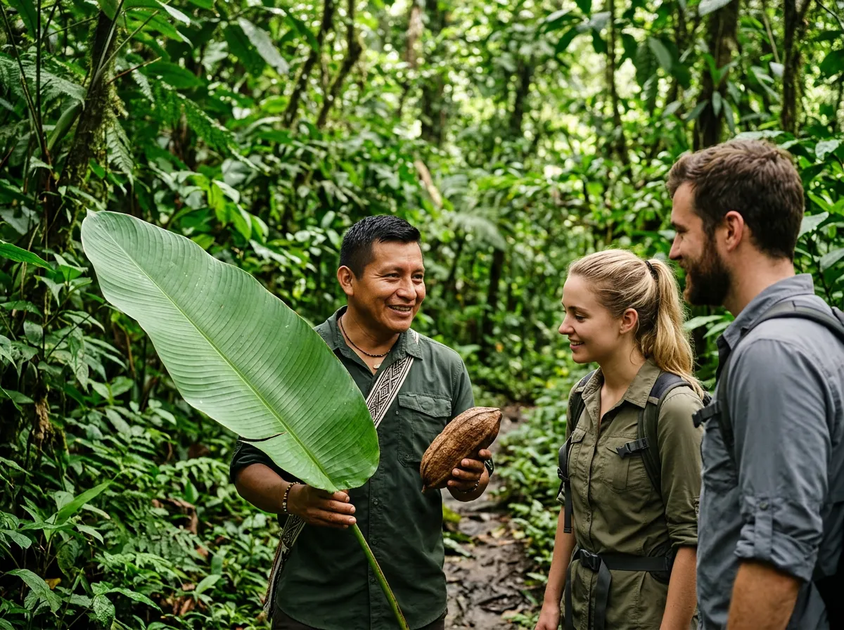 A Kichwa guide shows travellers a giant leaf in the rainforest