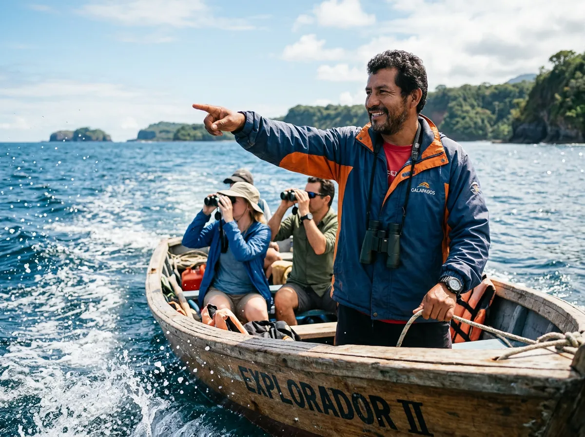 A guide on a boat points to the horizon for travellers with binoculars