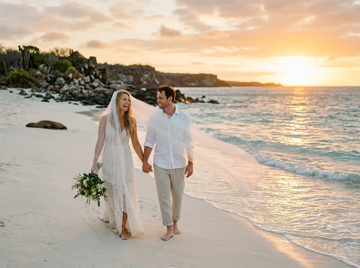 A couple barefoot on a white sand beach at sunset, the veil lifting in the wind, a sea lion resting far away on the sand