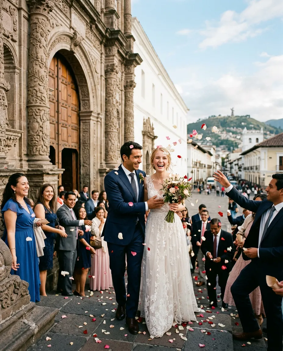 A couple on the steps of a colonial church in Quito as guests throw rose petals