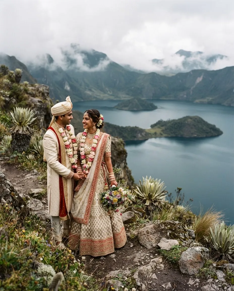 A couple in a fusion wedding outfit with flower garlands at the edge of Cuicocha crater lake