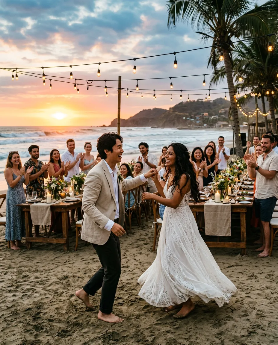 A couple dancing barefoot at a sunset beach reception under string lights, guests clapping