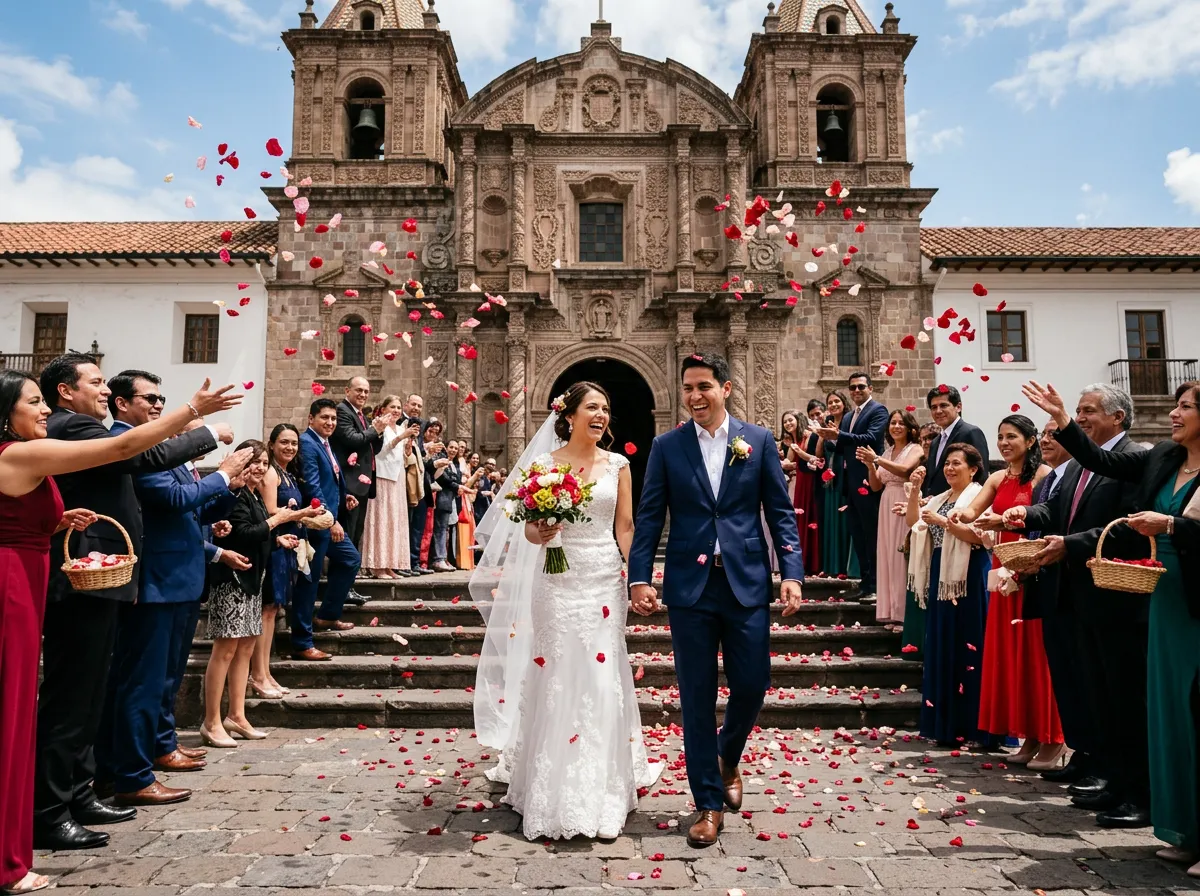 A newly married couple walking out of a colonial church in Quito's historic centre under a shower of rose petals