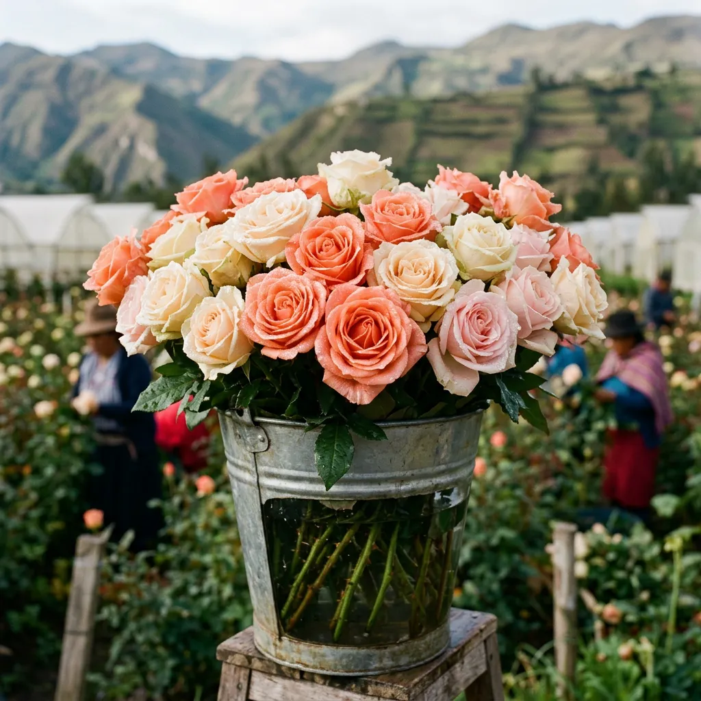 Freshly cut long-stem Ecuadorian roses in coral, cream and blush, with drops of dew