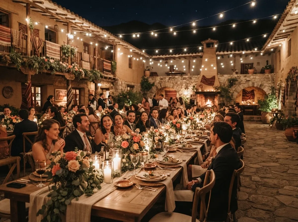 A long candlelit dinner table in a hacienda courtyard under strings of lights