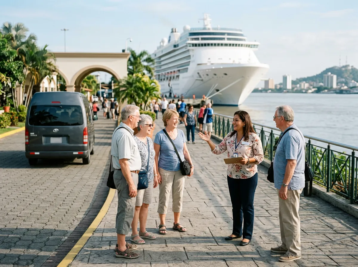 Una guía local recibiendo a pasajeros de crucero en la entrada del puerto de Guayaquil