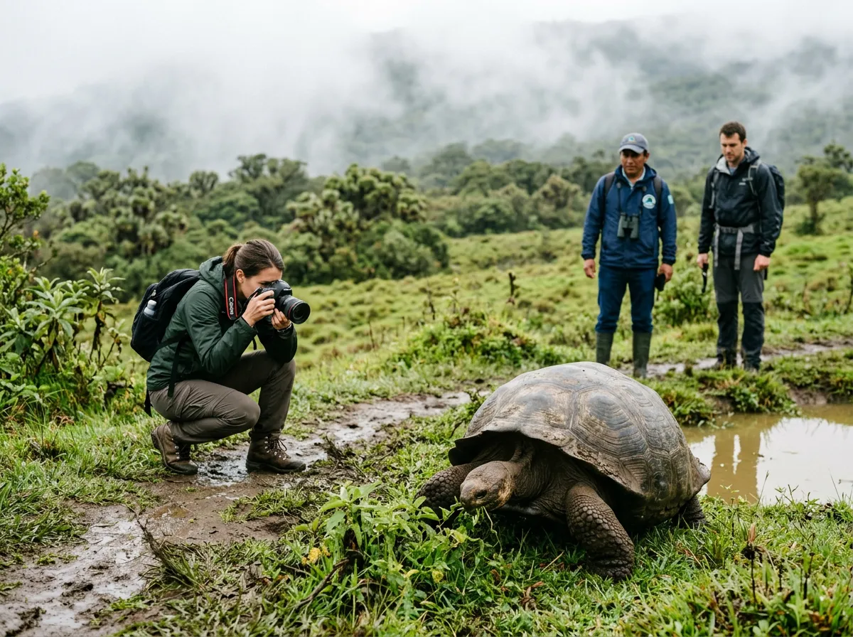 Illustrative photo: a traveller photographs a giant tortoise in the misty Galápagos highlands while two guides wait