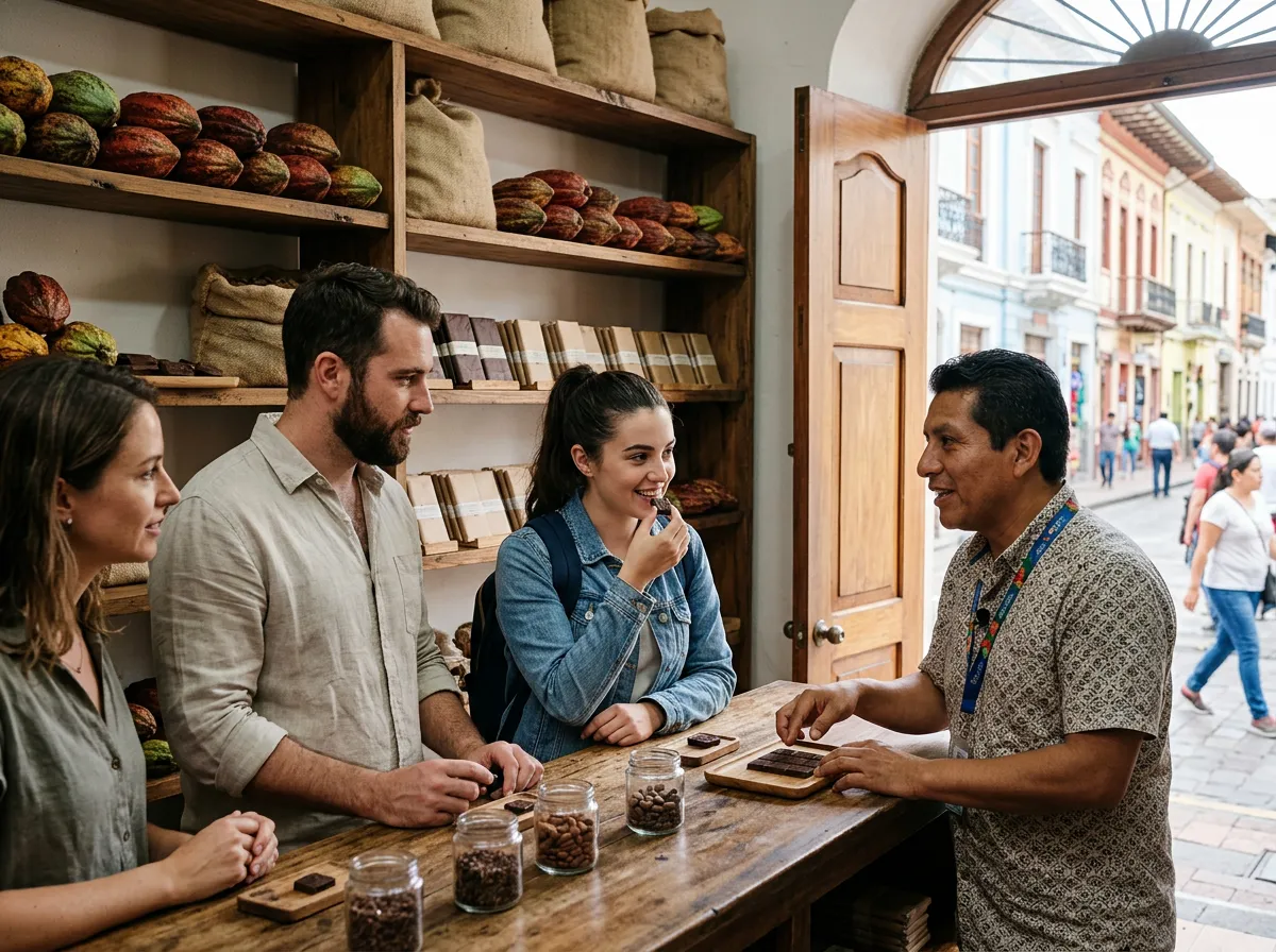 Travellers tasting Ecuadorian chocolate in a shop on Calle Panamá